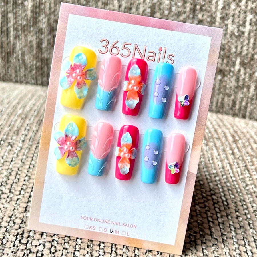 365nails : « Orchidée aquarelle tropicale » — ongles press-on mi-longs forme carrée fait main