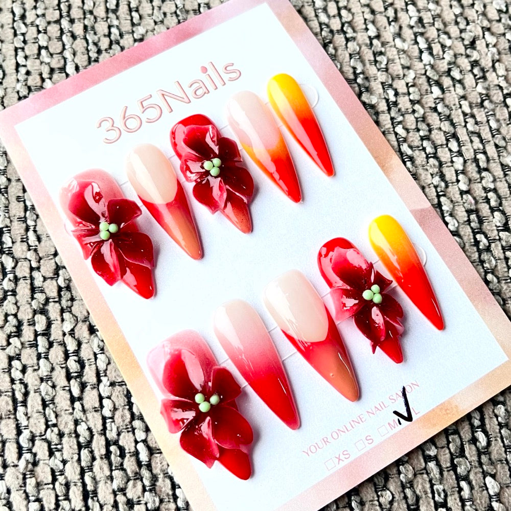 365nails: "Crimson Bloom" – 3D 꽃 장식 수제 스틸레토형 네일