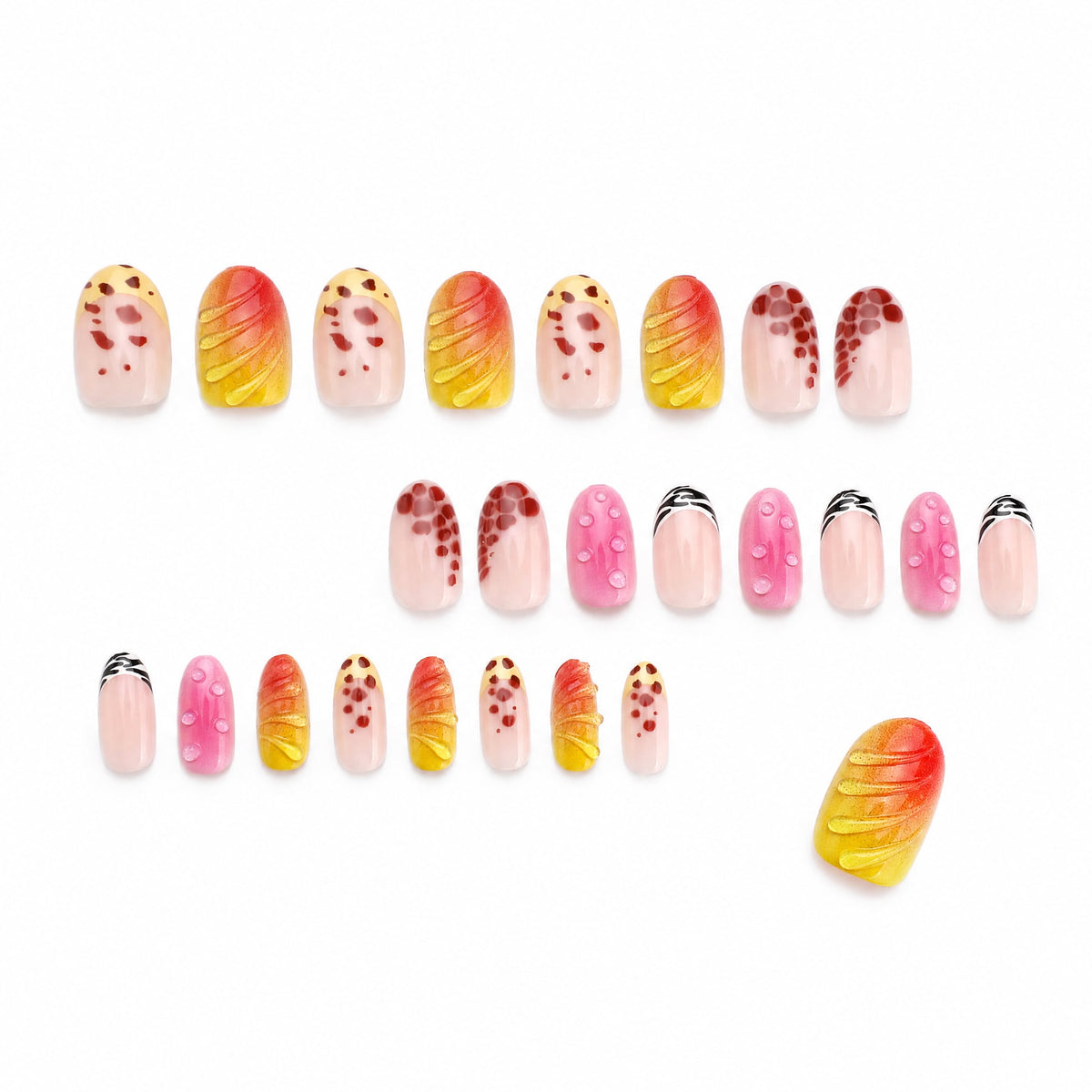 Set of 24 press-on nails with 3D textures and animal prints on a white background