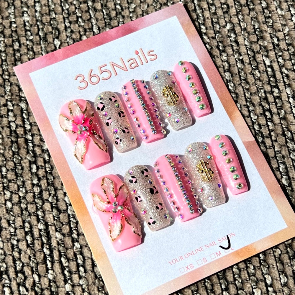 365nails: "Sweet Sparkle" – 3D Bow & Glitter Handmade Square Nails