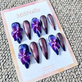 Sculpted Flora: "Midnight Orchid" – 3D Translucent Purple Floral & Shimmering Cat-Eye Long Stiletto Nails