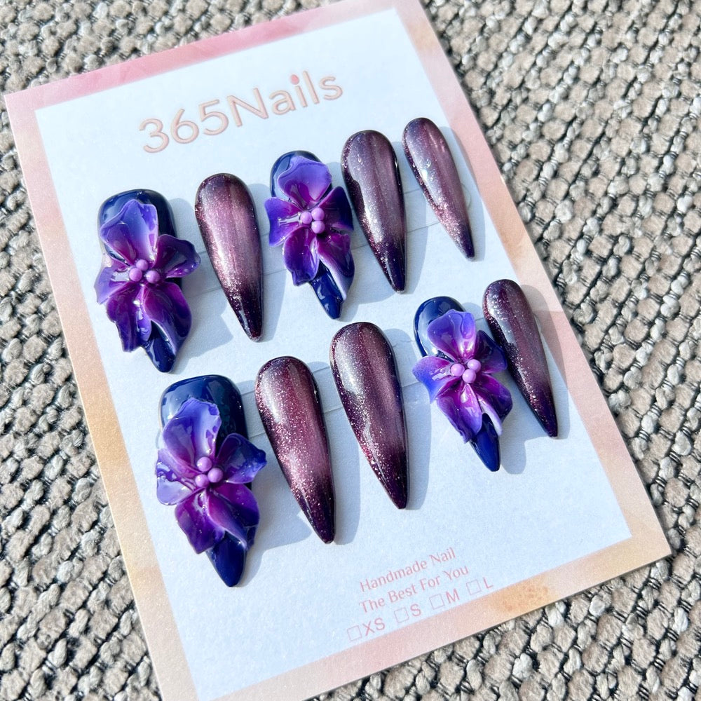 Sculpted Flora: "Midnight Orchid" – 3D Translucent Purple Floral & Shimmering Cat-Eye Long Stiletto Nails