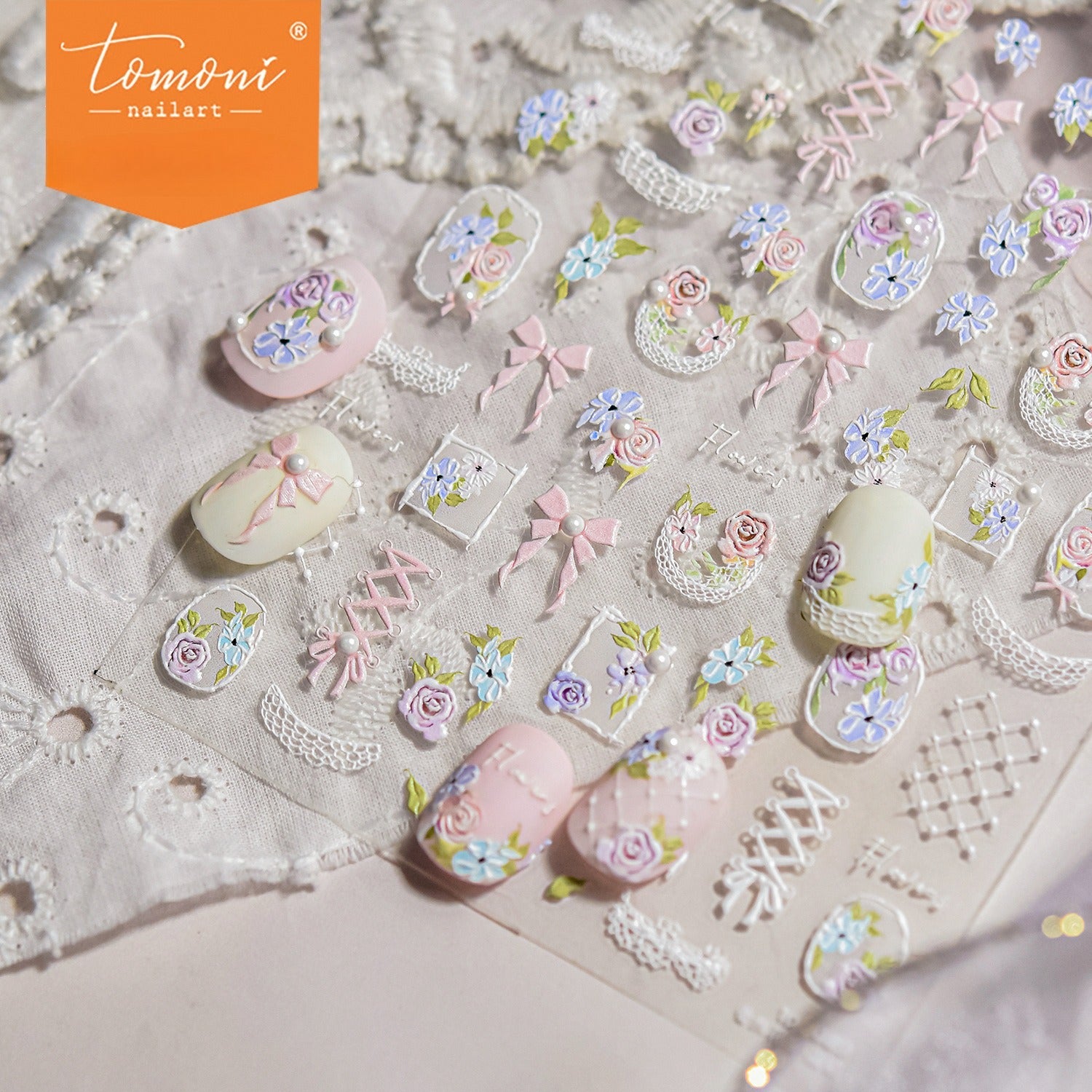 Pastel Floral Bow Collection: "Blush Garden" – 3D Embossed Nail Sticker