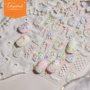 Pastel Floral Bow Collection: "Blush Garden" – 3D Embossed Nail Sticker