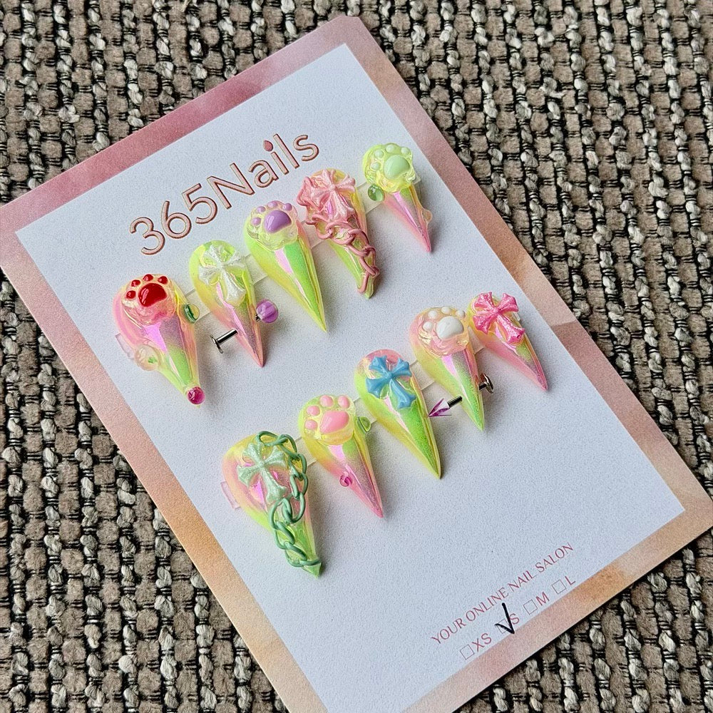 365nails: "Neon Cat Paw Cross Y2K" – 3D Colorful Chain Spike Handmade Stiletto Nails