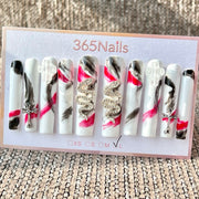 365nails: "Pink Black Marble Snake Cross" – Handmade Long Trapezoid Press-On Nails