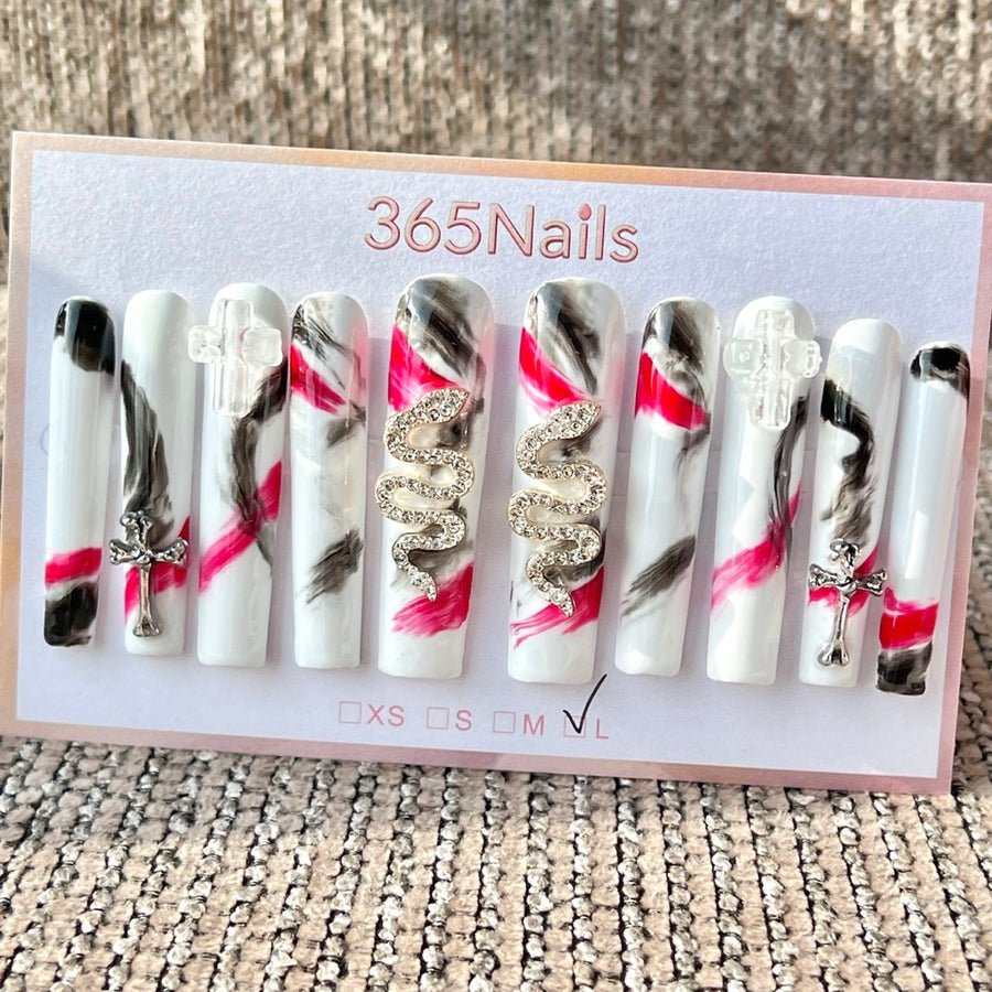 365nails: 핑크 블랙 마블 뱀무늬 십자가 수제 롱 사다리꼴형 프레스온 네일