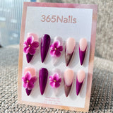 Sculpted Flora: "Plum Velvet Bloom" – 3D Floral & Sheer Magenta Gradient on Long Stiletto Nails