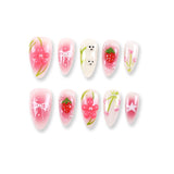 Uñas postizas 365Nails con diseño de conejito de fresa, lazo rosa y corazoncito dulce.