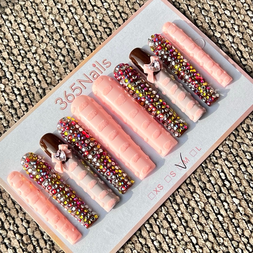 365nails: "Pink Brown Rhinestone Bow" – Handmade Long Trapezoid Press-On Nails