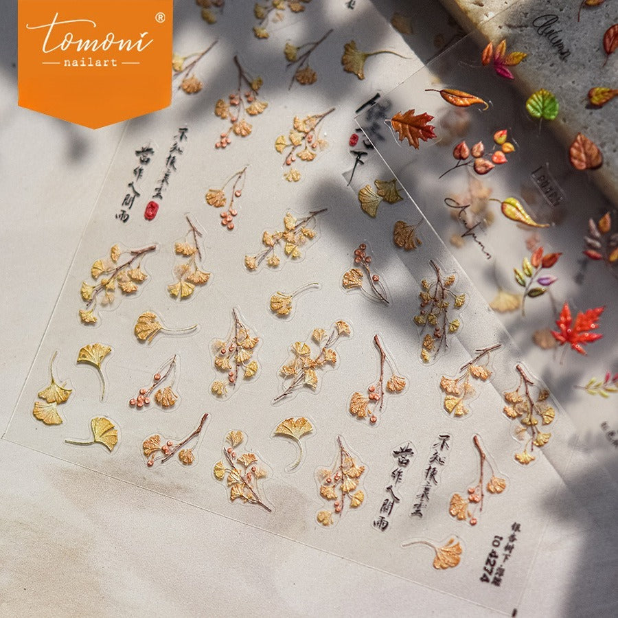 Golden Ginkgo Nail Stickers – 5D Embossed Autumn Poetry Set