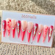 365nails: "Pink Glitter Butterfly Long" – Handmade Long Stiletto Press-On Nails