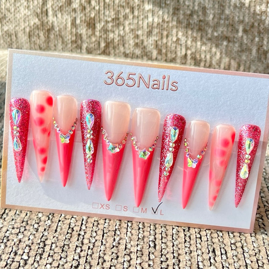 365nails: "Pink Glitter Butterfly Long" – Handmade Long Stiletto Press-On Nails