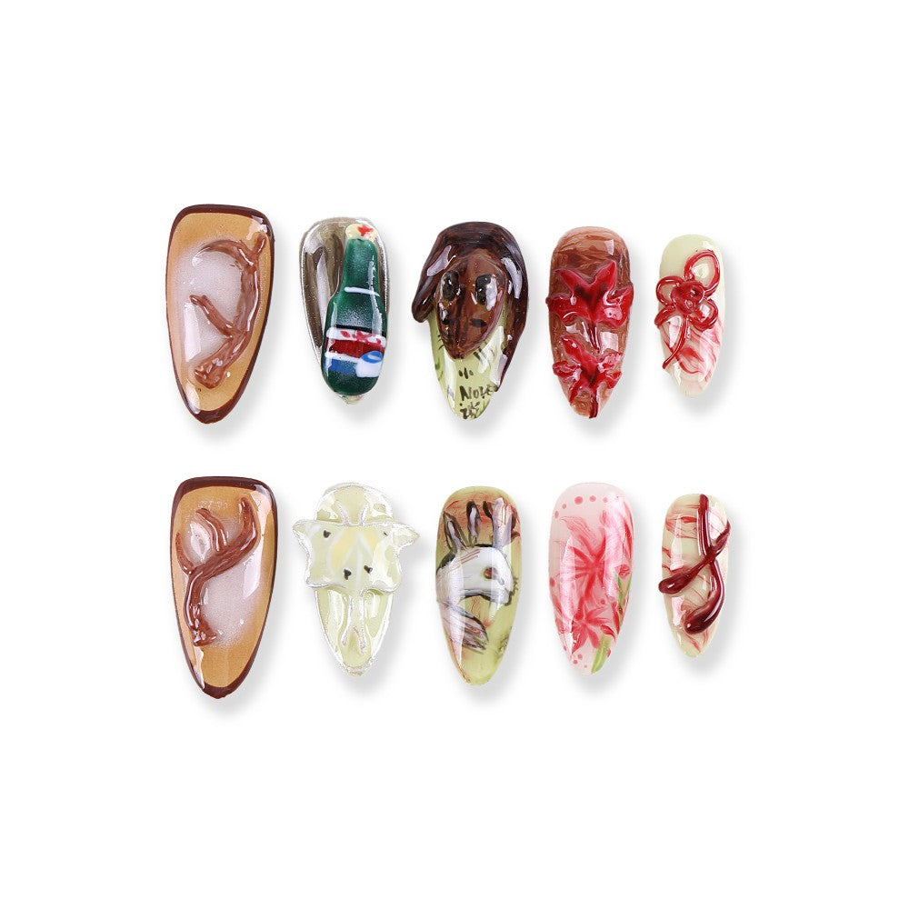 Abstract Art Press-On Nails with Hand-Painted and 3D Sculpted Details