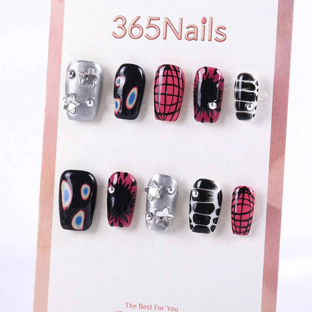 Black Silver Pink Press-On Nails with Star and Grid Design