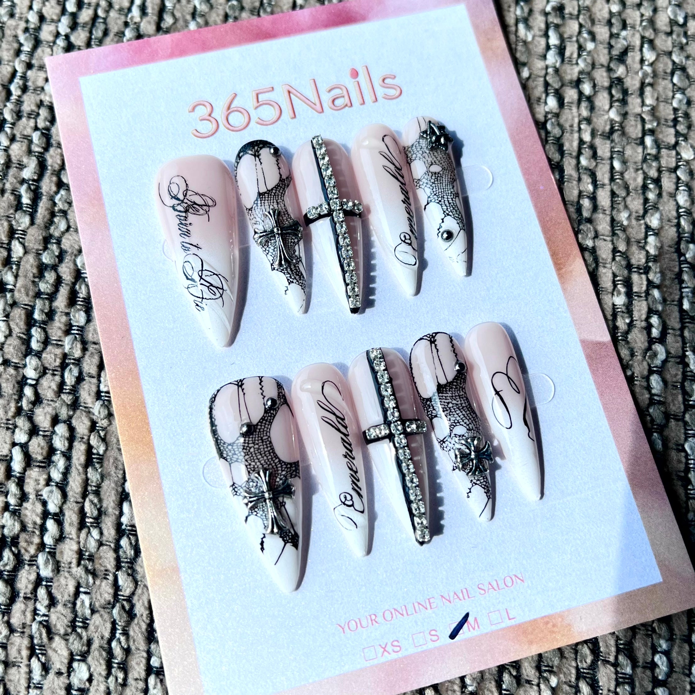 365nails: "Gothic Lace Cross Stiletto" – Handmade Long Sharp Stiletto Nails