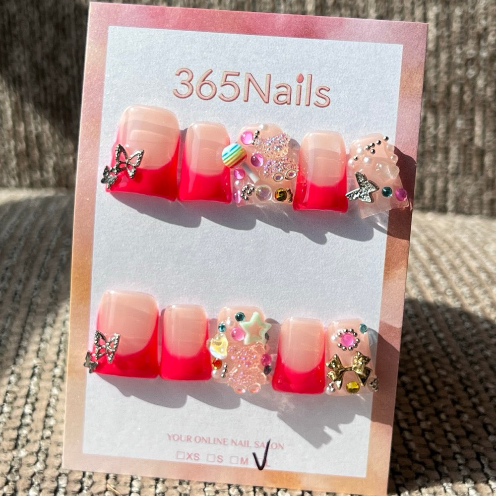 365nails: "캔디랜드 드림" – 3D 참 & 옴브레 수제 프레스온 네일 숏 스퀘어형