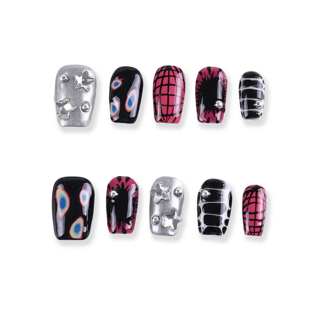 Black Silver Pink Press-On Nails with Star and Grid Design