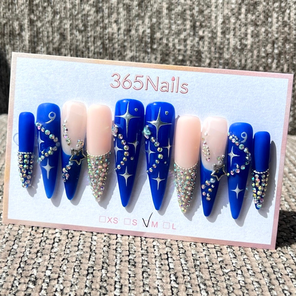 365nails: 「午夜銀河」– 水晶與星光 手工製 長款 尖形 穿戴甲