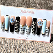 365nails: '사파리 시크' – 3D 플라워 & 애니멀 프린트 수제 롱 코핀형 네일
