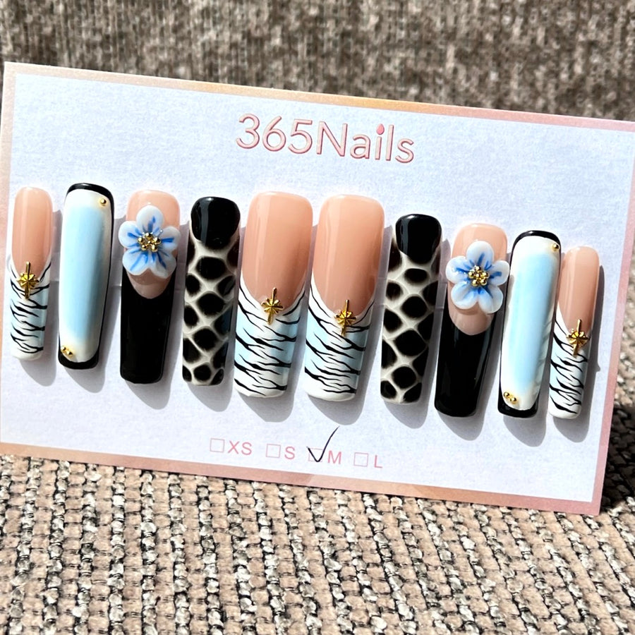 365nails: "Safari Chic" – 3D Floral & Animal Print Handmade Long Coffin Nails