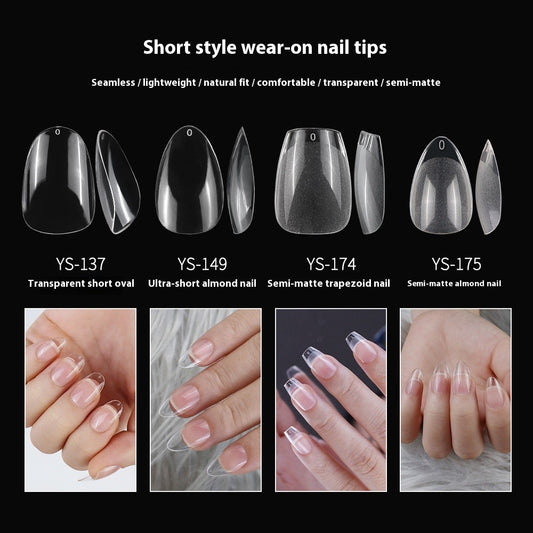 Nail Tips Nail sheet semi-matte transparent short almond nail trapezoidal free grinding full sticker seamless patch fake nail wholesale