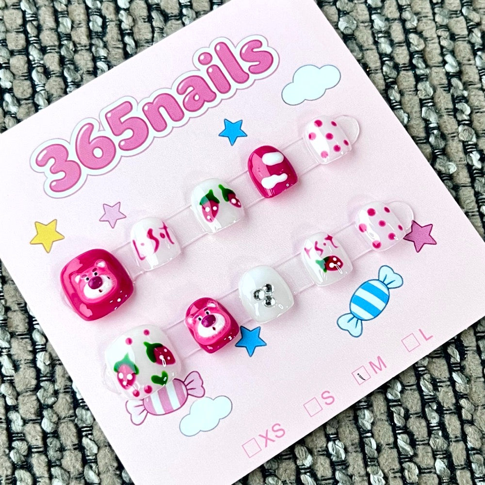 365nails: "Sweet Berry Bear" – 3D Character & Strawberry Handmade Short Square Nails