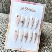 Elegant Almond Nude Jelly Press-On Nails with 3D Rhinestones