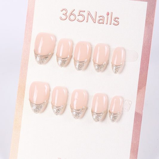 365Nails Sheer Nude Pink with Champagne Glitter Half‑Moon French – Elegant Short Squoval Press‑On Nails