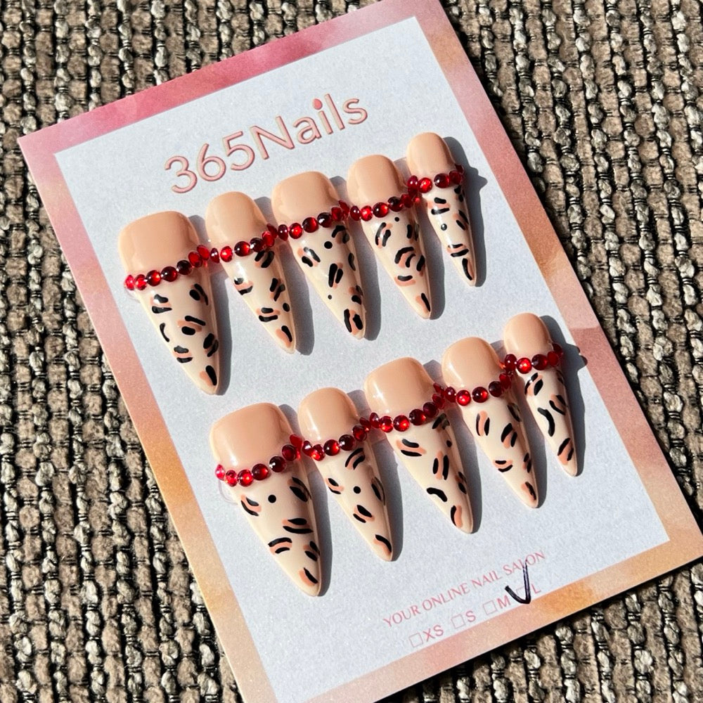 365nails: "Wild Ruby" – 3D Beaded Leopard Print Handmade Press on Nails Medium Almond Nails
