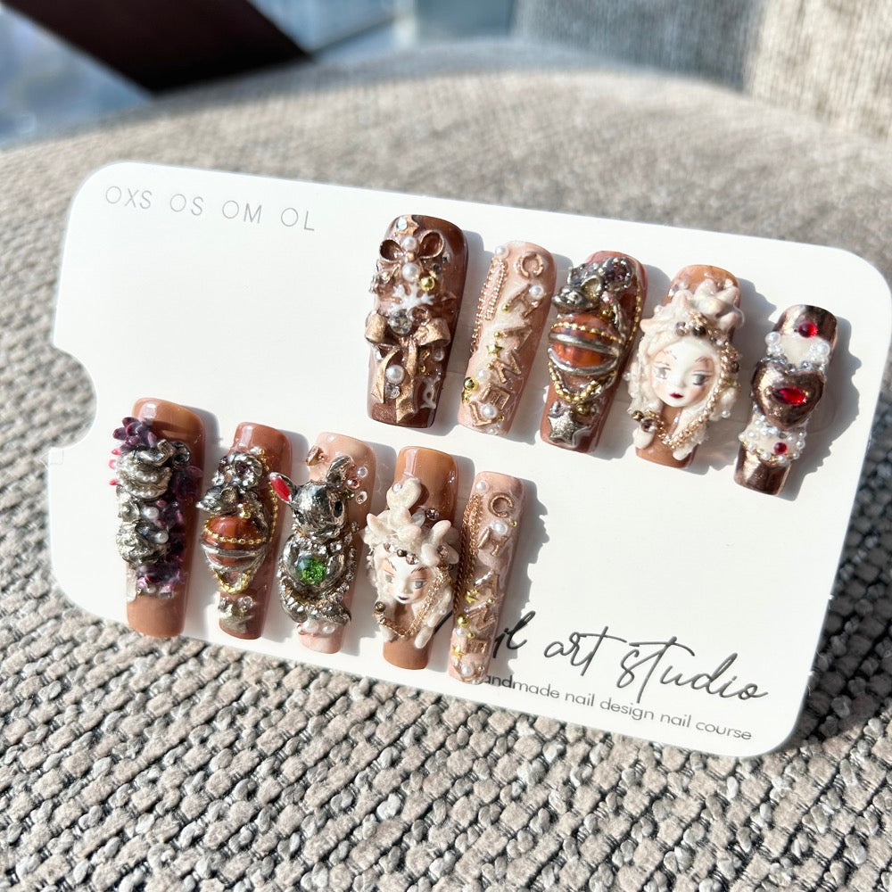 Artist Series: "Baroque Tea Party" – 3D Sculpted Lady Portrait, Metallic Rabbit & Vintage Pearl Chains Luxury Handmade Nails