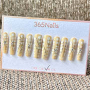 365nails: "황금 가지" – 손으로 그린 실버 베인 그라데이션 프레스온 롱 코핀형 네일