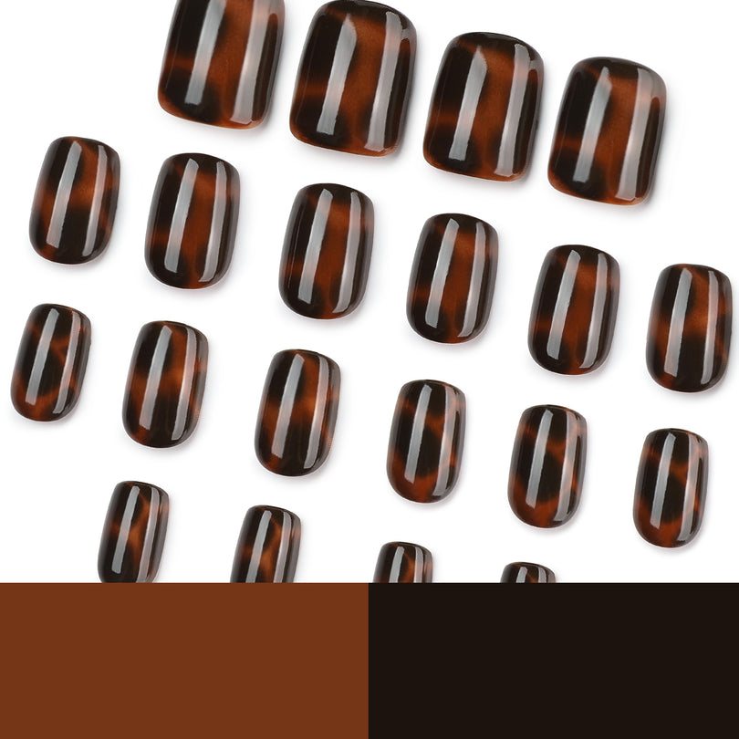 Glossy tortoiseshell press-on nails scattered on a white background