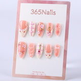 Peach pink checkered cherry blossoms with small flower pearls medium-sized hand-painted almond design Press On Nail
