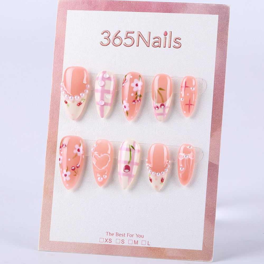 Peach pink checkered cherry blossoms with small flower pearls medium-sized hand-painted almond design Press On Nail