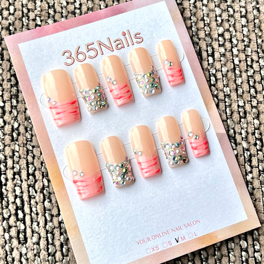 "Nude Pink French Crystal" - Wholesale Ultra-Soft Flexible Fit Handmade Nails (MOQ=100)