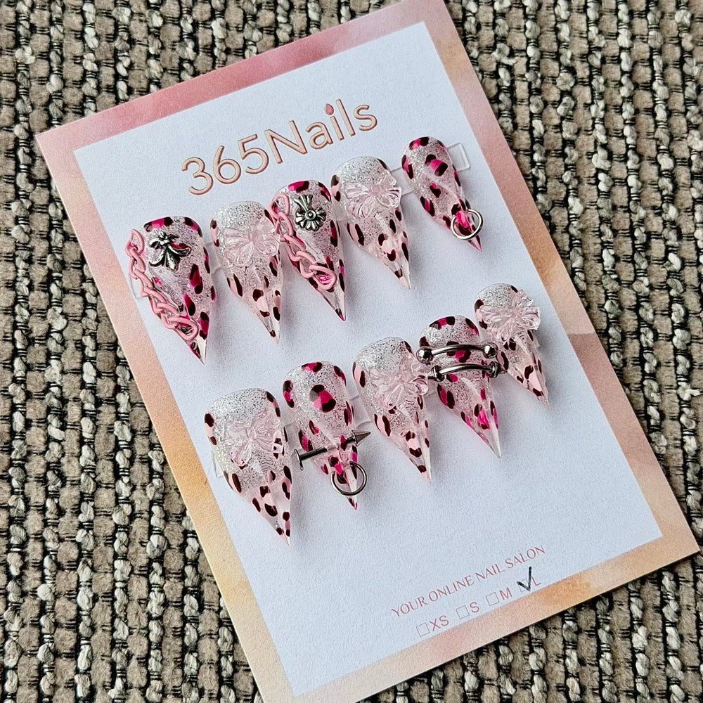 365nails: "Pink Leopard Cross Piercing Chain" – 3D Resin Flower Metal Charm Handmade Long Stiletto Nails