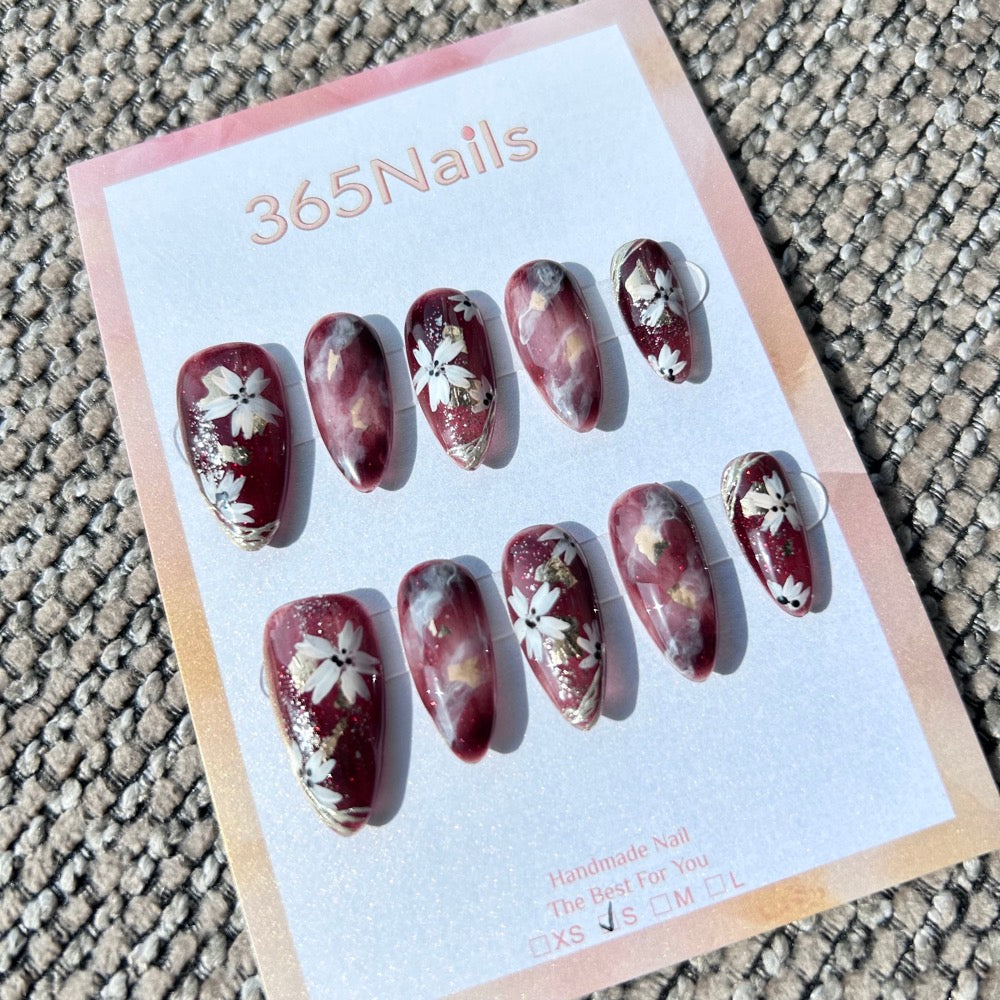 Ethereal Ink: "Vintage Wine Blossom" – Burgundy Red with Hand-Painted White Flowers, Smoke Marble & Silver Tips Almond Nails