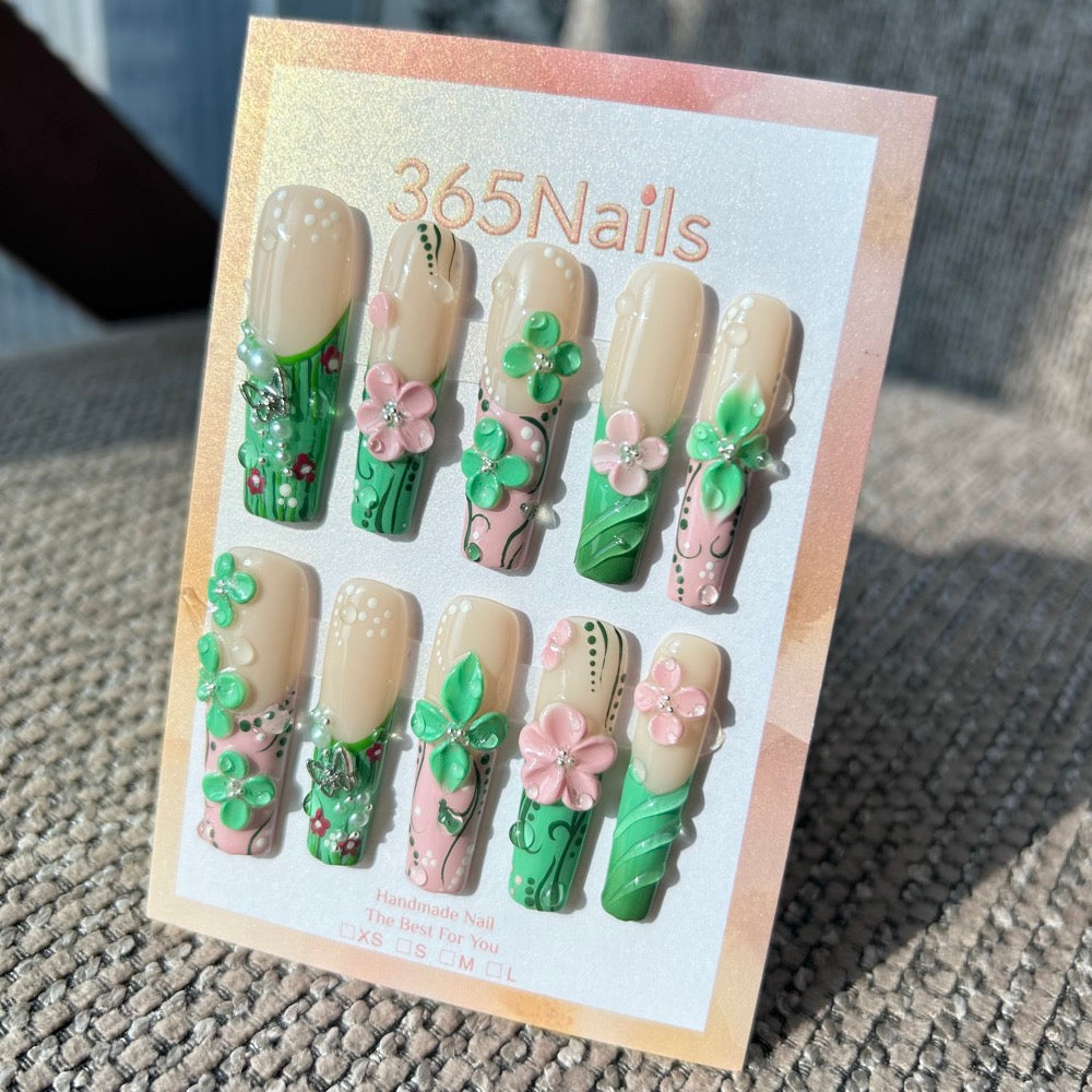 Handmade "Enchanted Garden" 3D Floral Press-on Nails | Green French & Silver Butterfly | Long Coffin | 10pcs Set