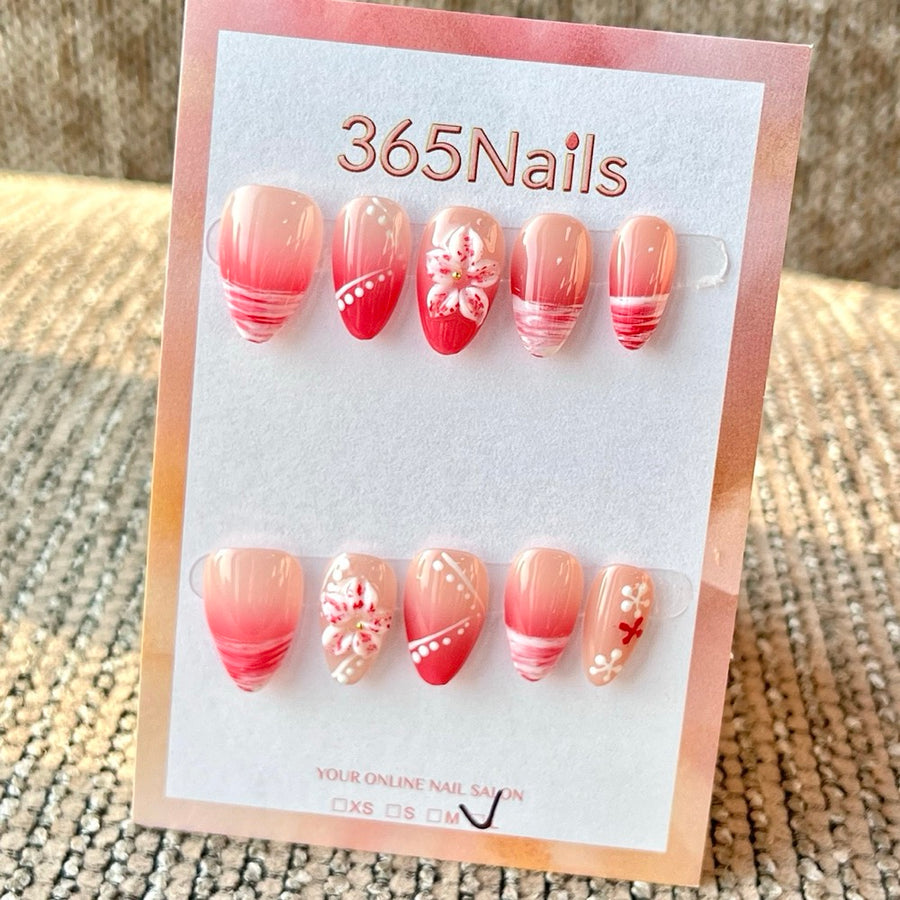 365nails: "Pink Flower Ocean Wave Short" – Handmade Short Almond Press-On Nails