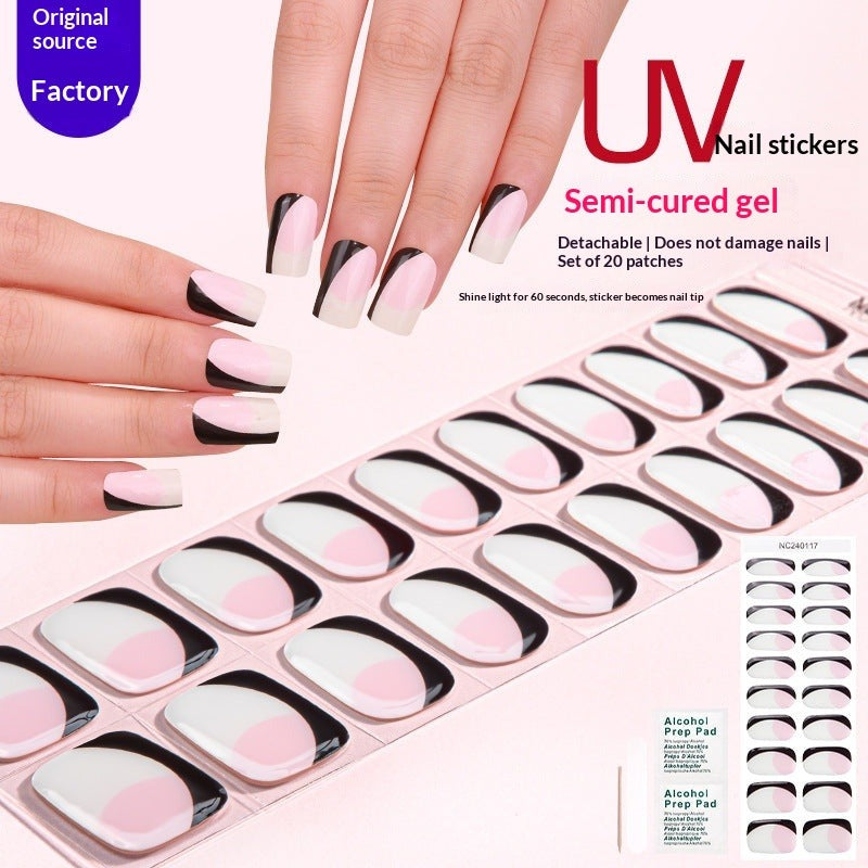 Semi-Cured Gel Nail Strips French Glitter Pink Sparkle Glossy Set (MOQ=3)