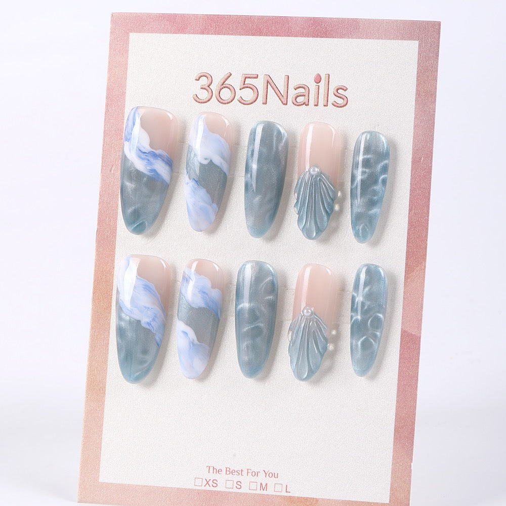 365nails sea‑salt blue water ripple with shell pearls press‑ons