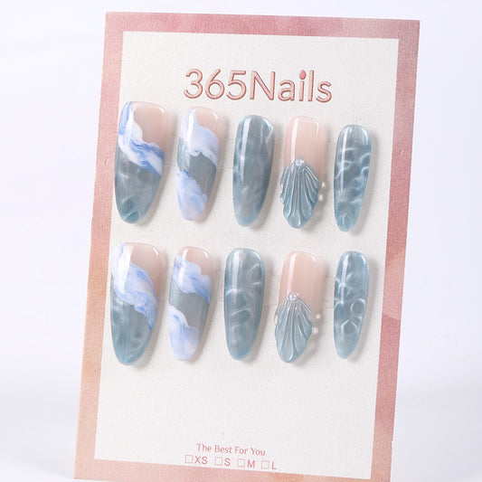 365nails sea‑salt blue water ripple with shell pearls press‑ons