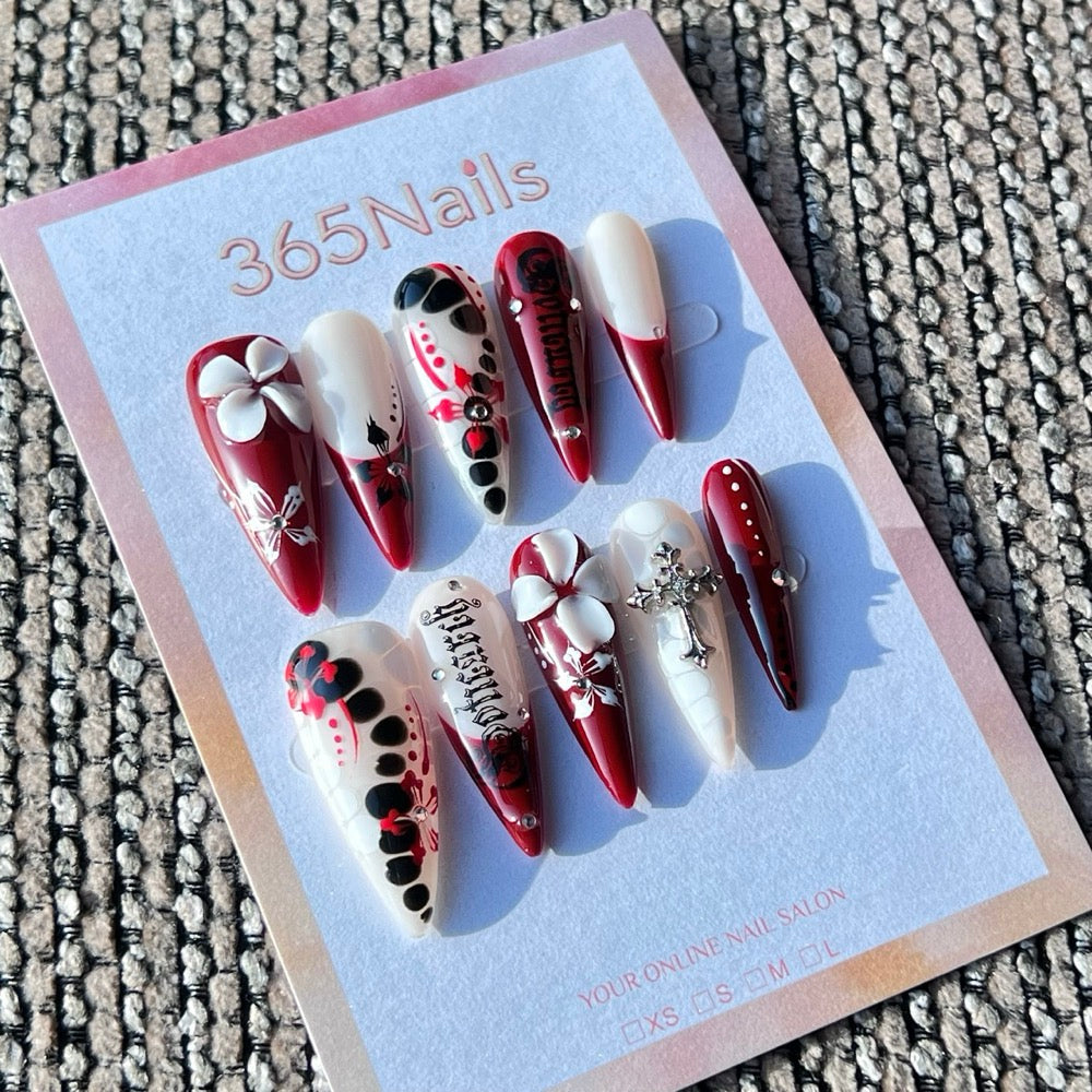 365nails: 레드 고딕 크로스 – 수제 미디엄 스틸레토형 프레스온 네일