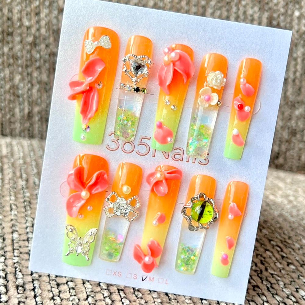365nails: "Sunset Citrus Bloom" – Handmade Liquid Motion Press-On Medium Square Nails-4cm