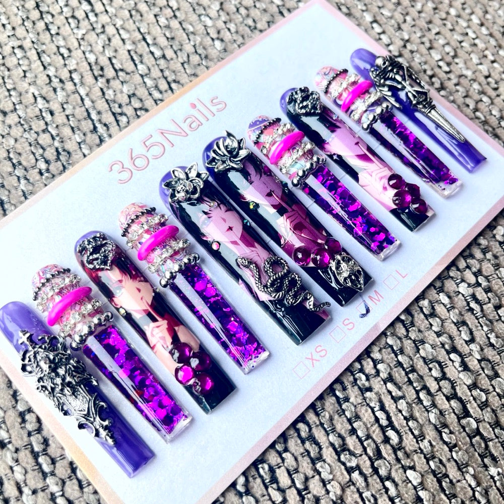 365nails: "Violet Venom" – 3D Gothic Figure Handmade Coffin Nails-5.5cm