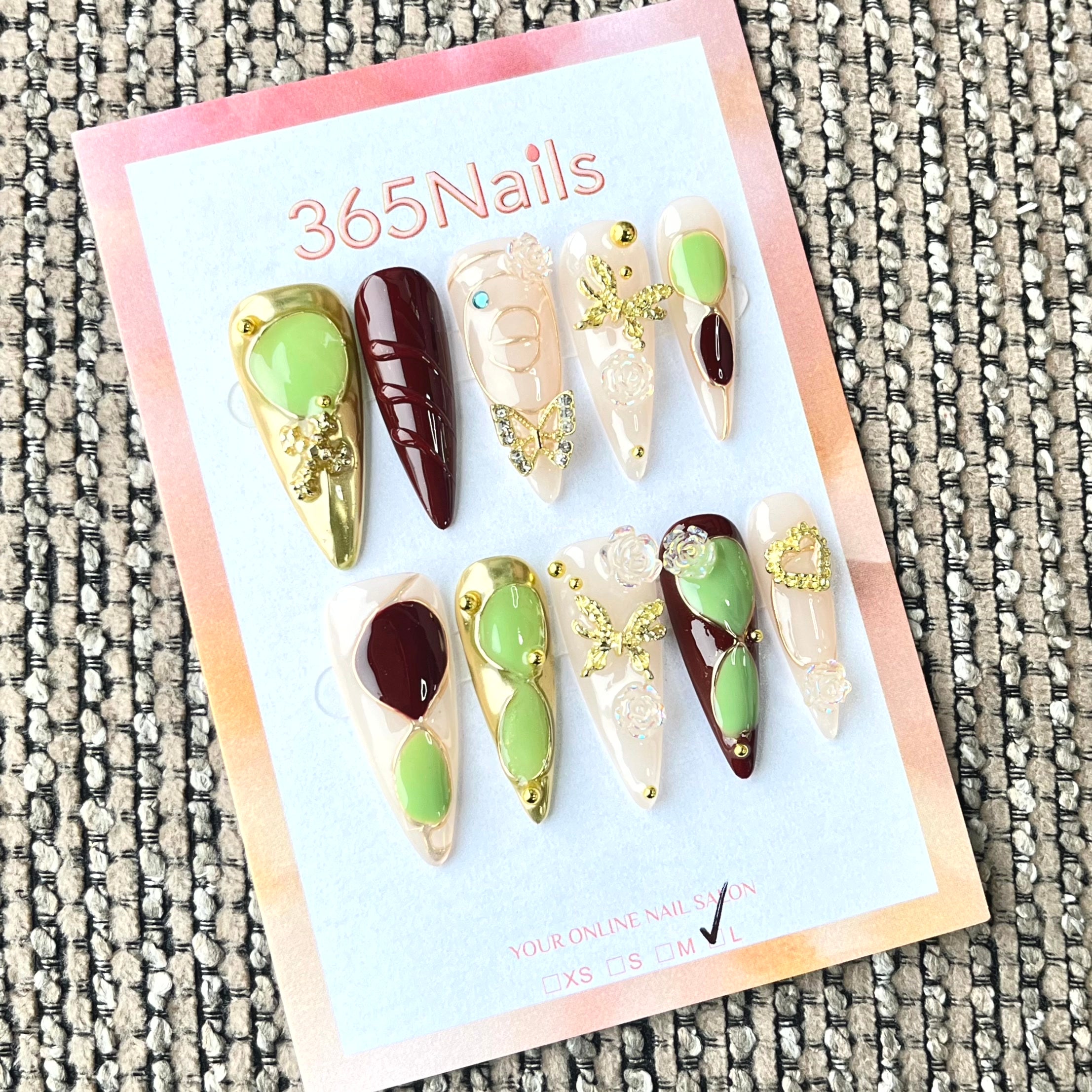 365nails：「抹茶松露」3D 蝴蝶抽象手工製長款杏仁形穿戴甲