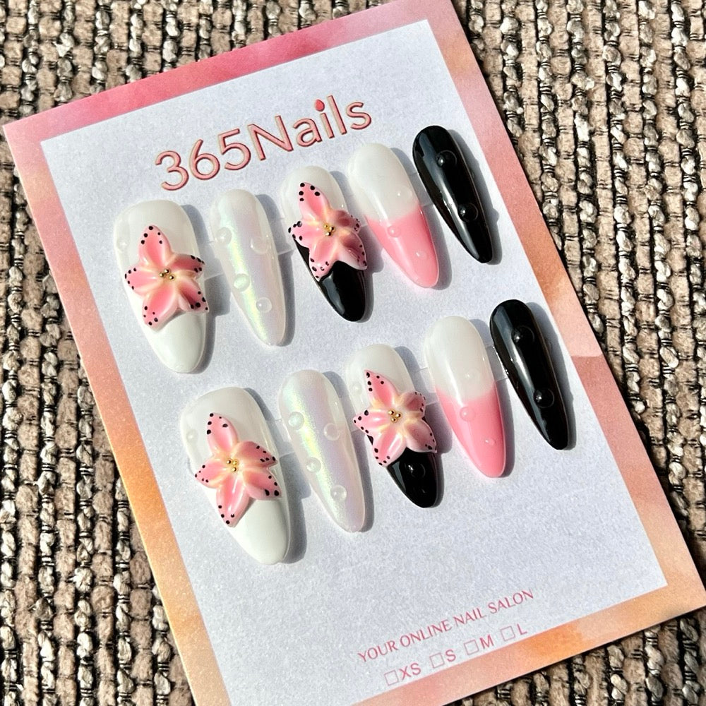 365nails: "Pink Black Lily Gradient" – Handmade Medium Stiletto Press-On Nails