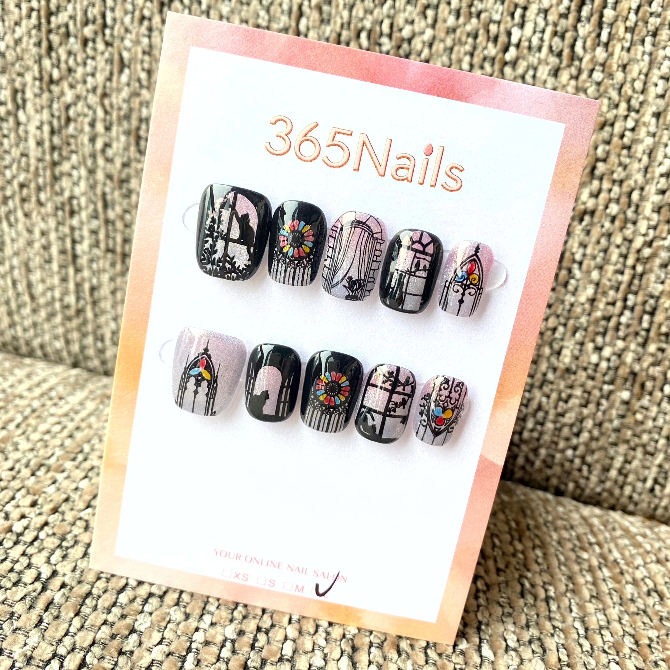Luxury Logo 365nails: "Midnight Cathedral" – Hand-painted Gothic Window & Cat Handmade Squoval Nails