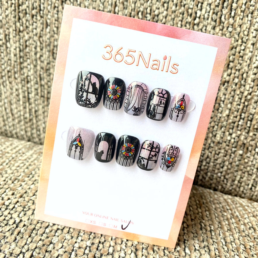 Luxury Logo 365nails: "Midnight Cathedral" – Hand-painted Gothic Window & Cat Handmade Squoval Nails